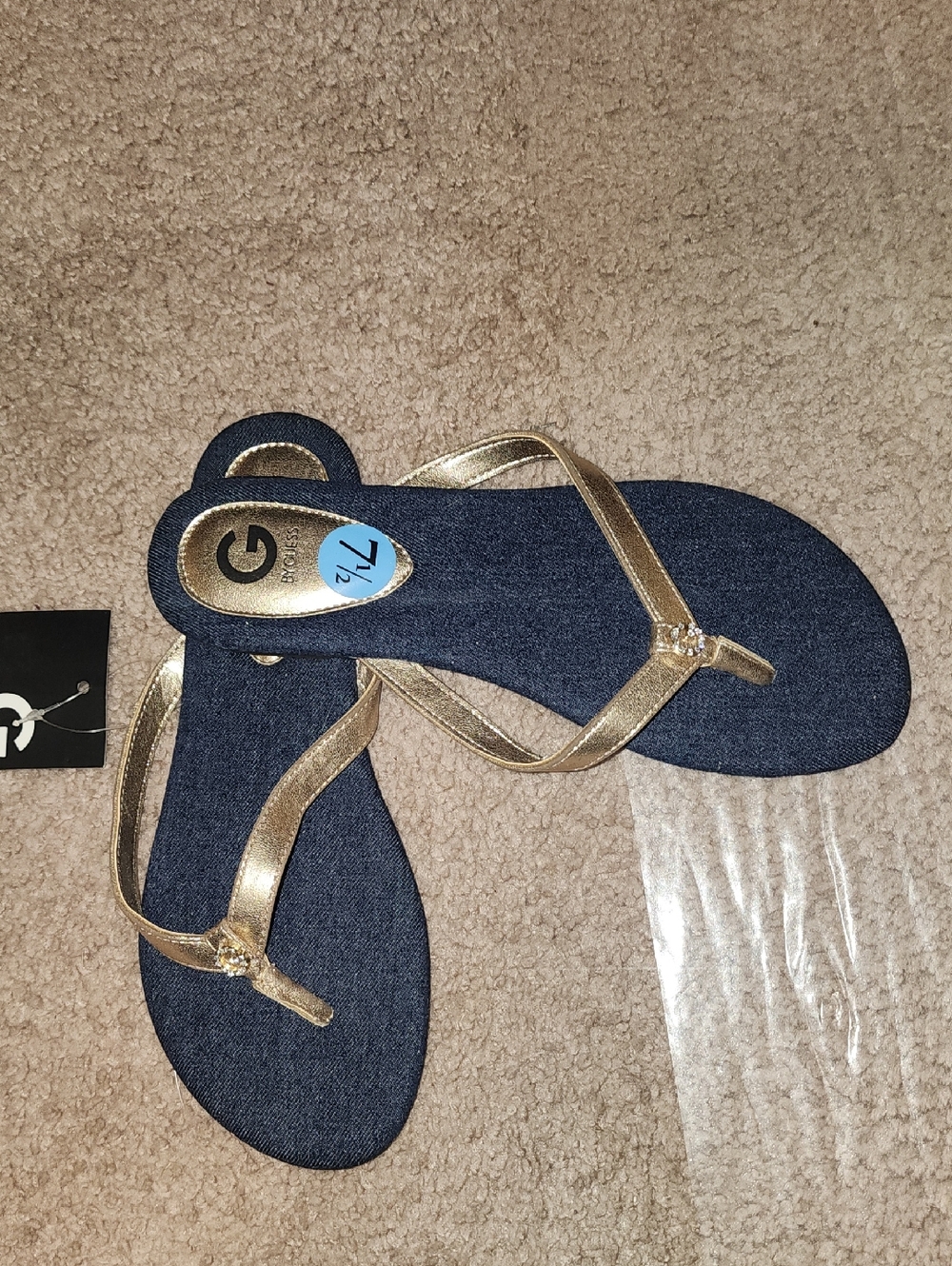 New G by Guess Rhinestone G Gold Metallic Strap Sandals with Blue Denim Footbed